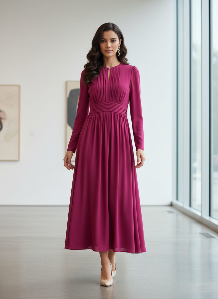 L/SLV KEYHOLE SHIRRED WAIST DRESS D4078-256083