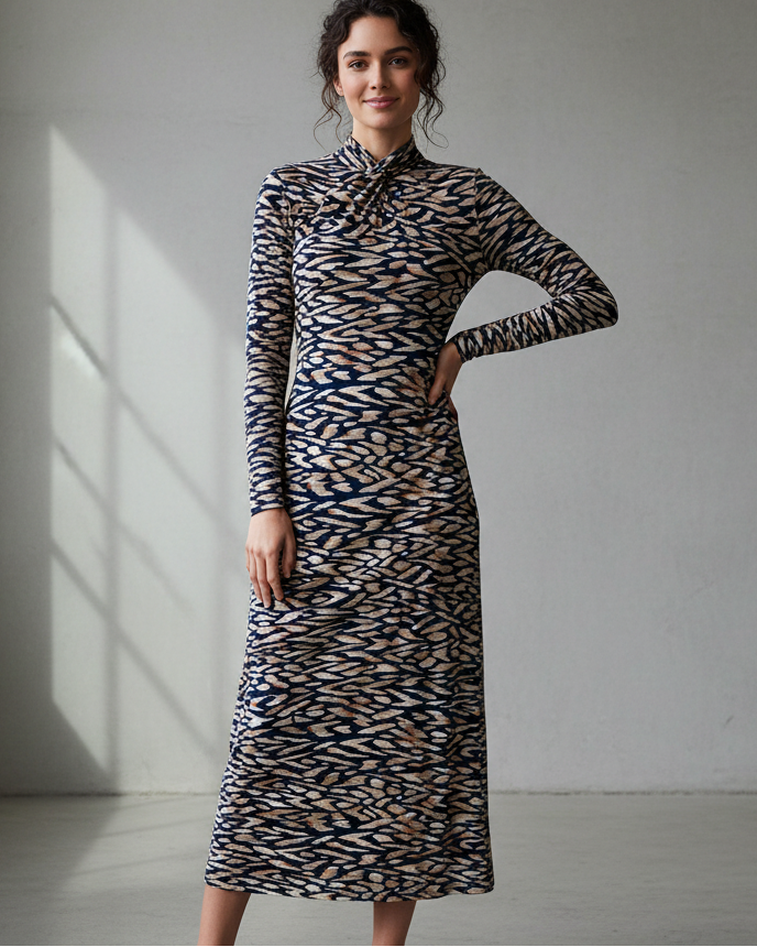 Long Sleeve Twist Front Midi Dress