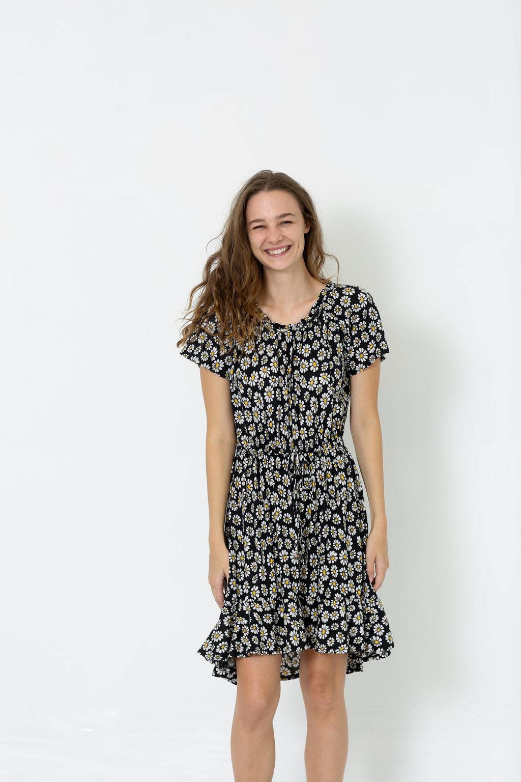 SS RUFFLE HEM ELASTIC WAIST HI LOW PEASANT DRESS - D9018