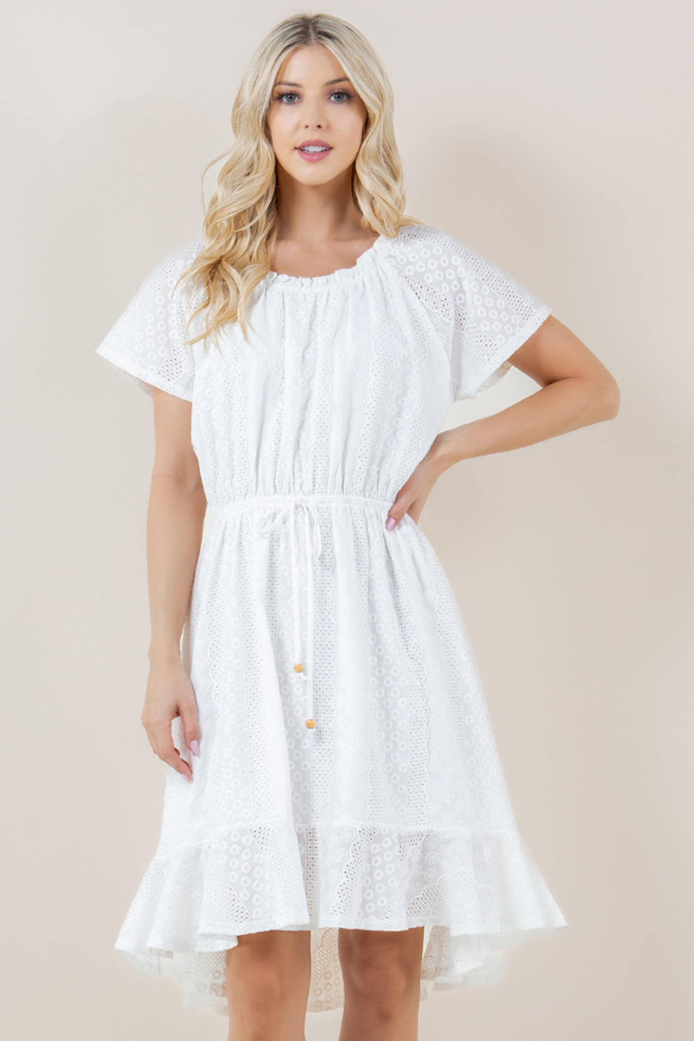 S/SLV RUFFLE HEM ELASTIC WAIST HI LOW PEASANT DRESS  - D9018-EYELET