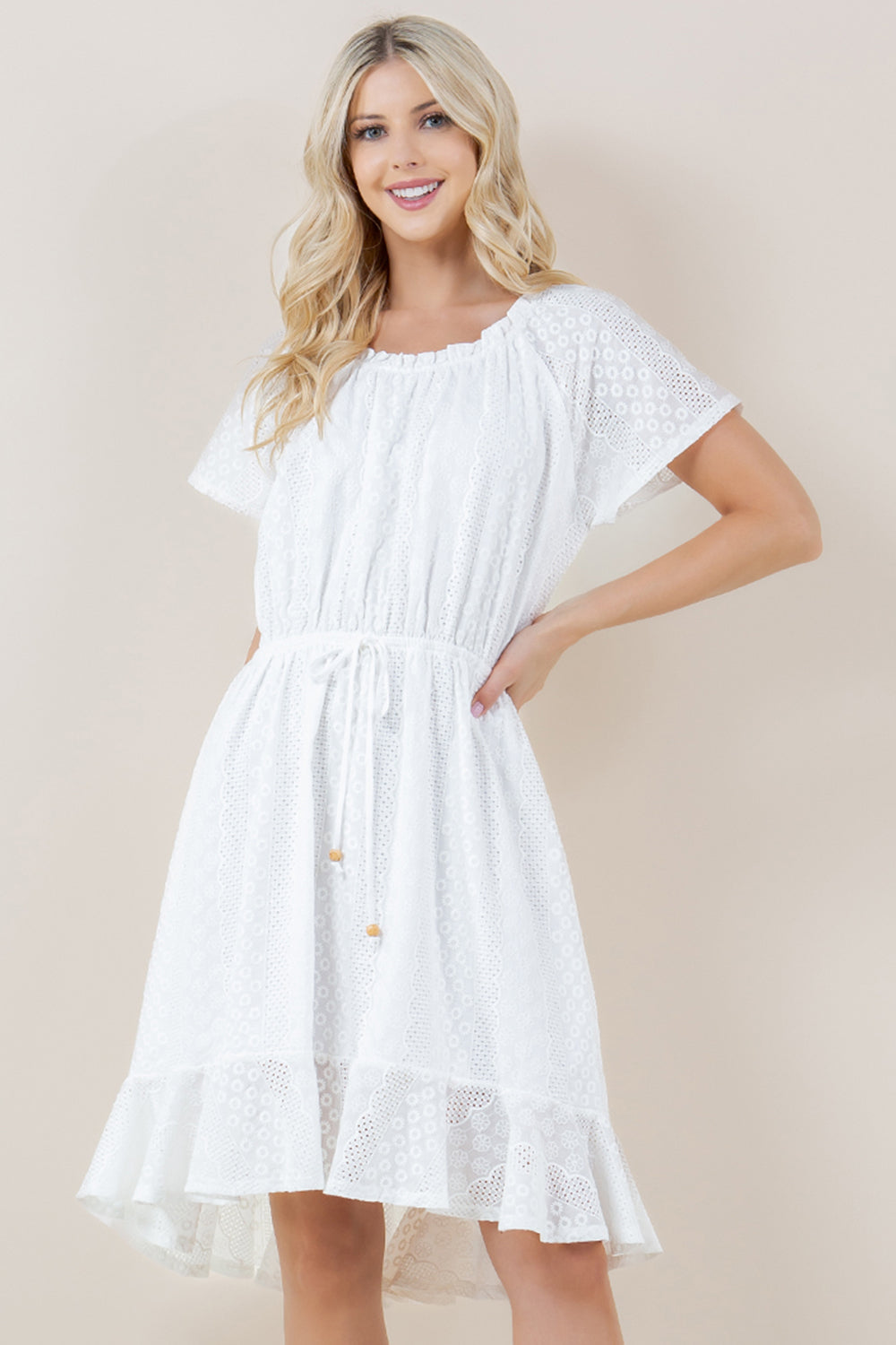 S/SLV RUFFLE HEM ELASTIC WAIST HI LOW PEASANT DRESS  - D9018-EYELET