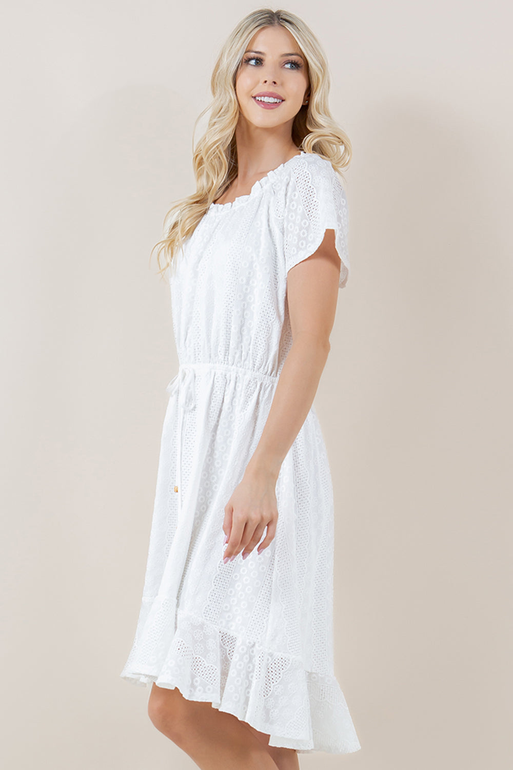 S/SLV RUFFLE HEM ELASTIC WAIST HI LOW PEASANT DRESS  - D9018-EYELET