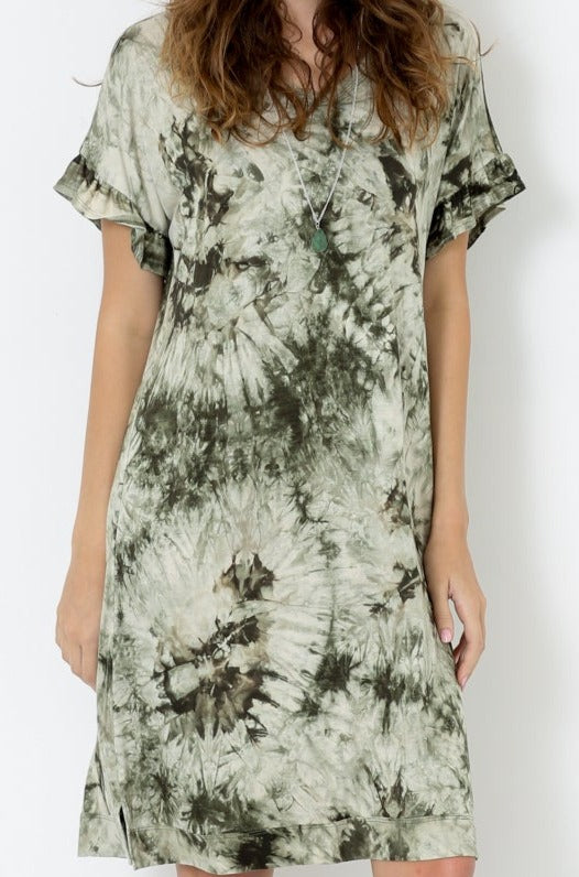 SS RUFFLE HEM V NECK PULLOVER DRESS - D9024