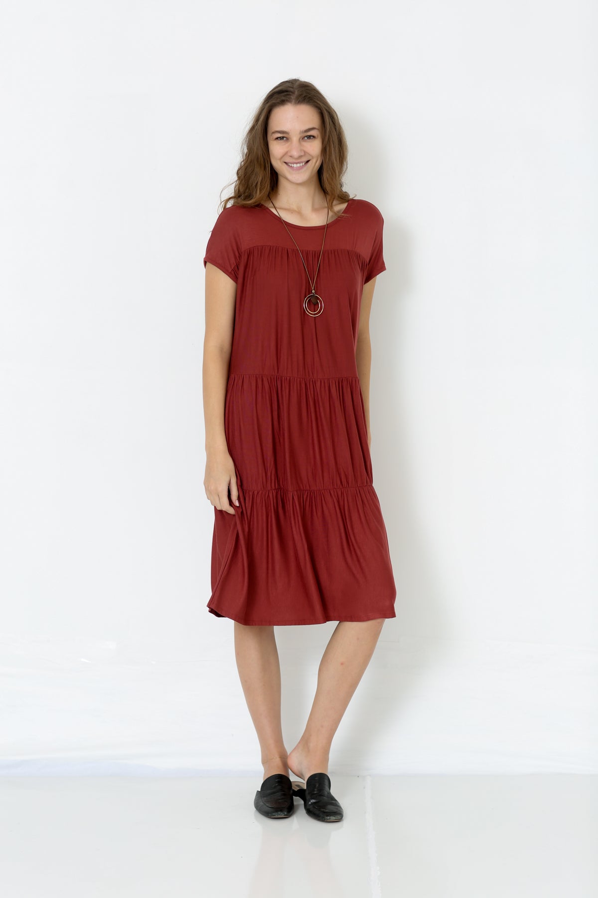 SS ROUND NECK TIERED DRESS WITH GATHERINGS ON THE CHEST - D9027