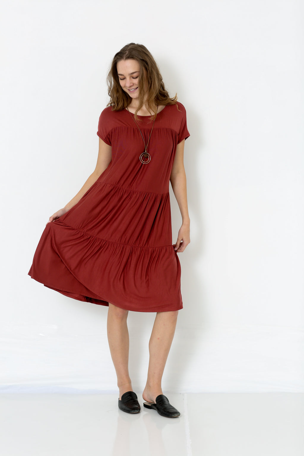 SS ROUND NECK TIERED DRESS WITH GATHERINGS ON THE CHEST - D9027