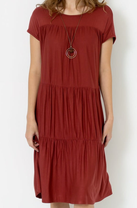 SS ROUND NECK TIERED DRESS WITH GATHERINGS ON THE CHEST - D9027