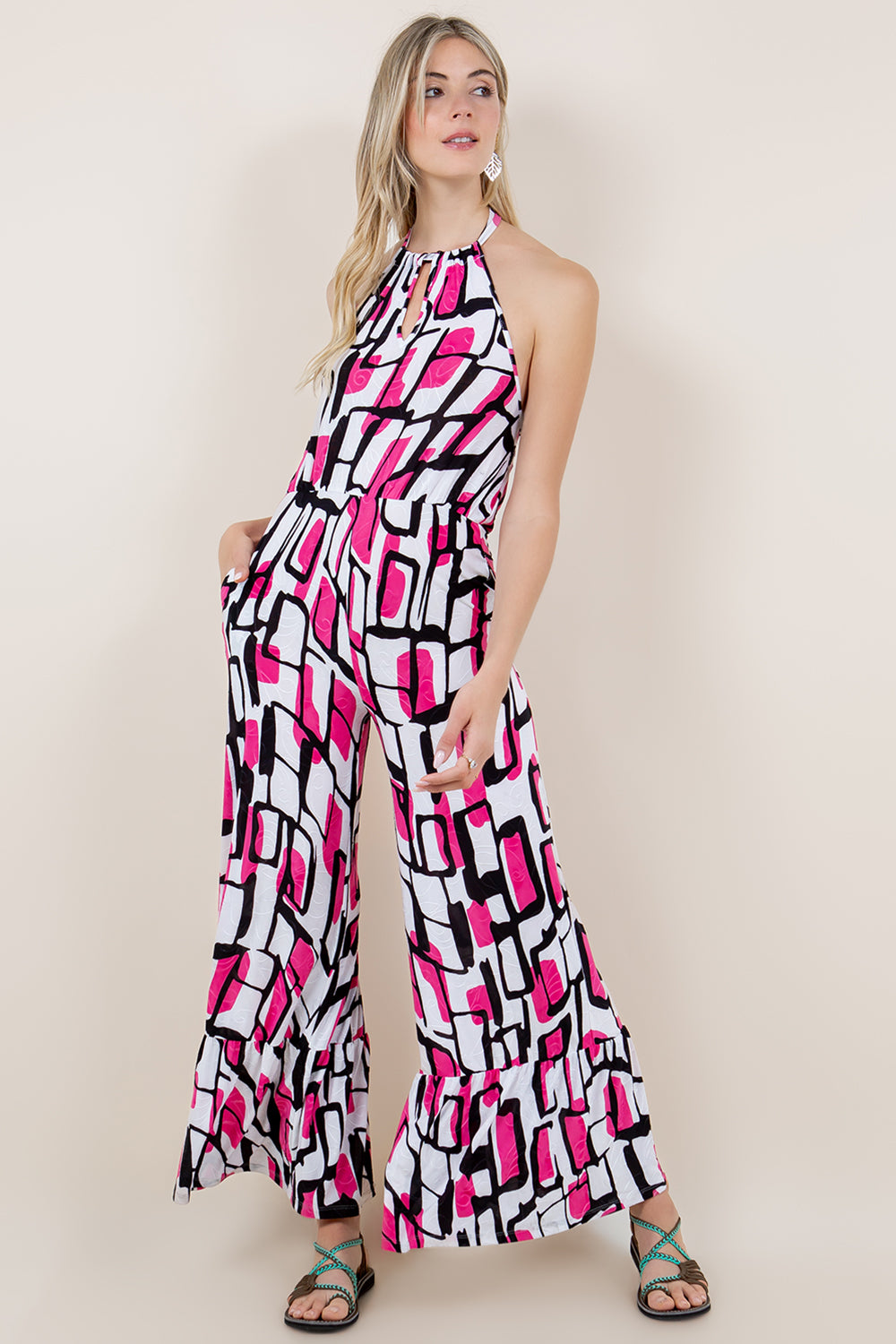 HALTER NECK TIE JUMPSUIT WITH ELASTIC WAIST AND POCKETS - JS2011-AT1841T