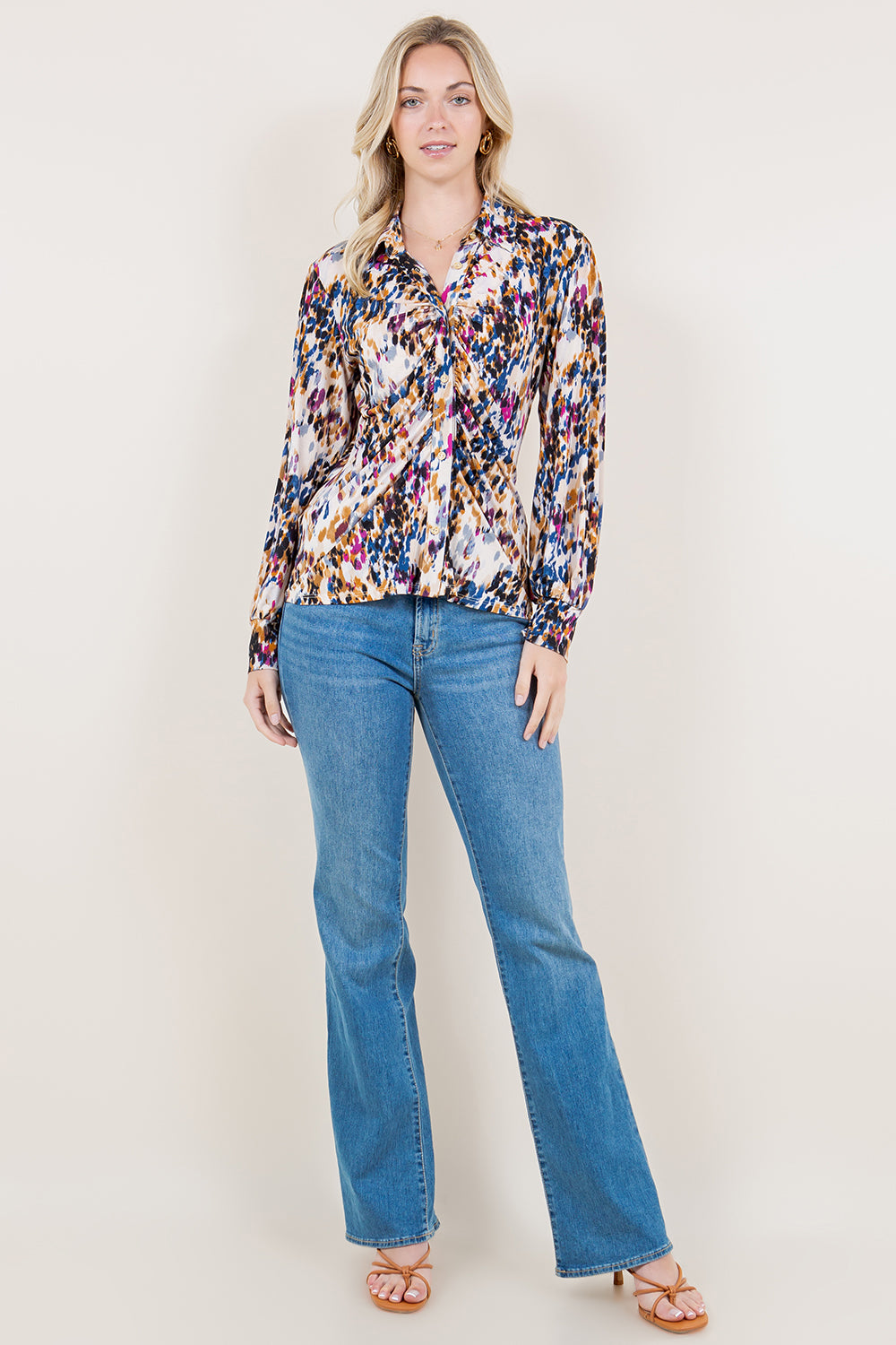 LS STANDING COLLAR RUCHED BLOUSE - T-11200-0321-1-MSCRP