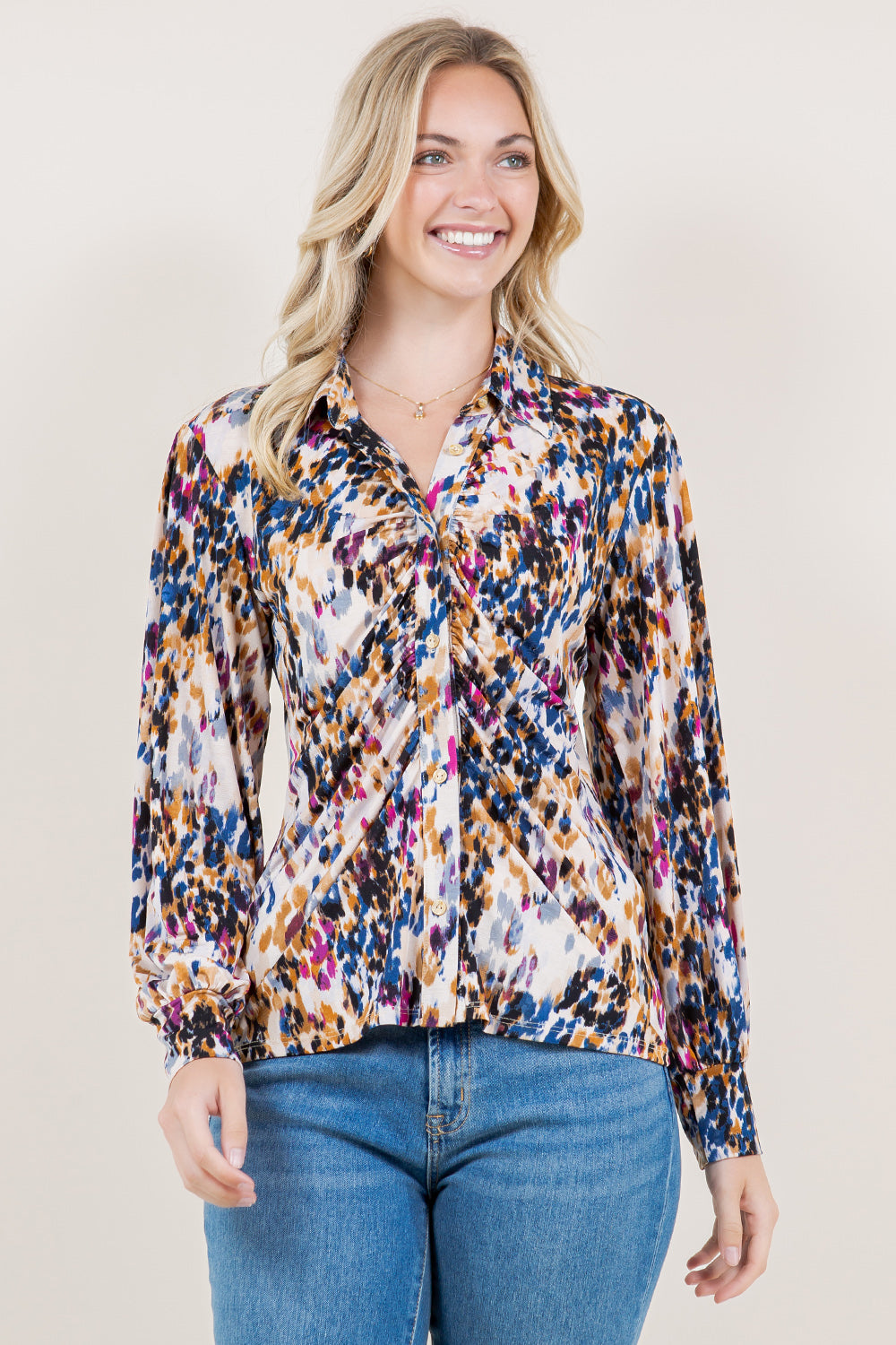 LS STANDING COLLAR RUCHED BLOUSE - T-11200-0321-1-MSCRP