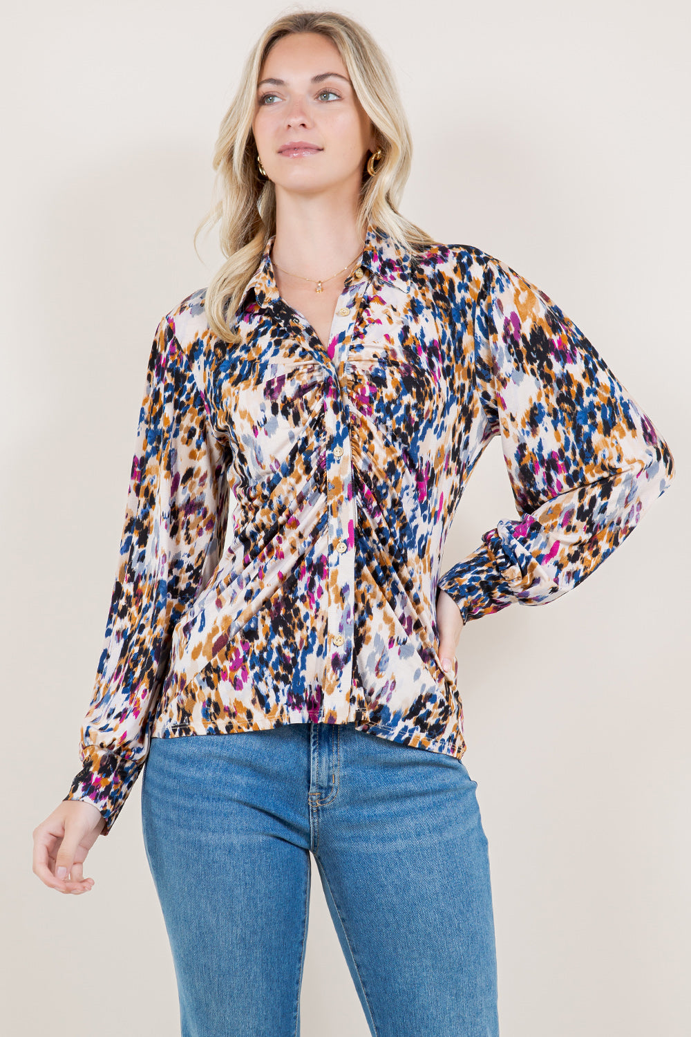 LS STANDING COLLAR RUCHED BLOUSE - T-11200-0321-1-MSCRP