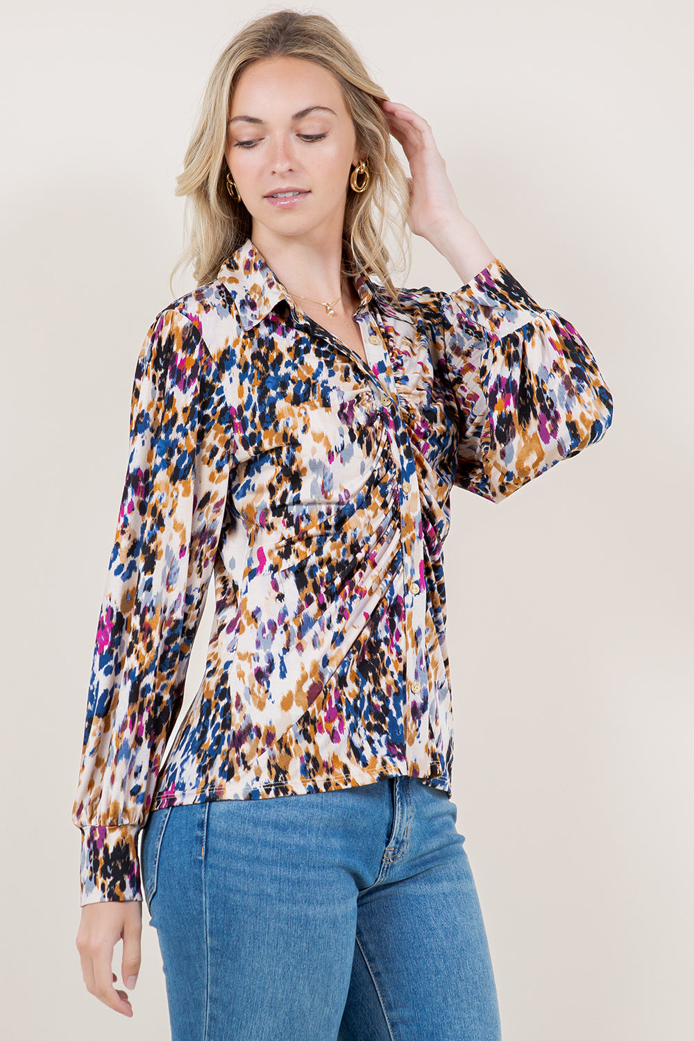 LS STANDING COLLAR RUCHED BLOUSE - T-11200-0321-1-MSCRP