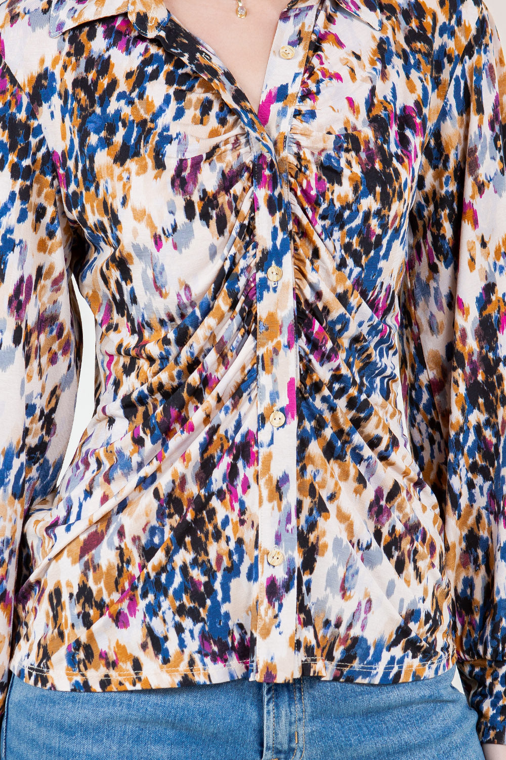 LS STANDING COLLAR RUCHED BLOUSE - T-11200-0321-1-MSCRP