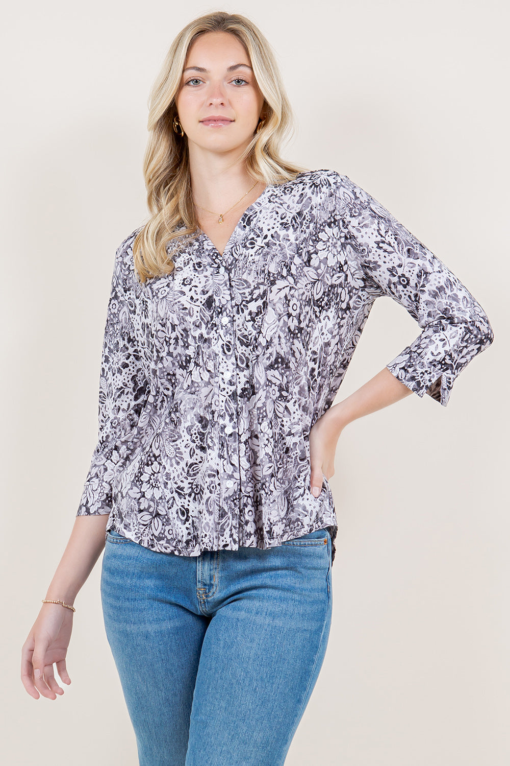 3/4 SLEEVE PINTUCK BUTTON DOWN SHIRT - T-11633-949371-JQITY