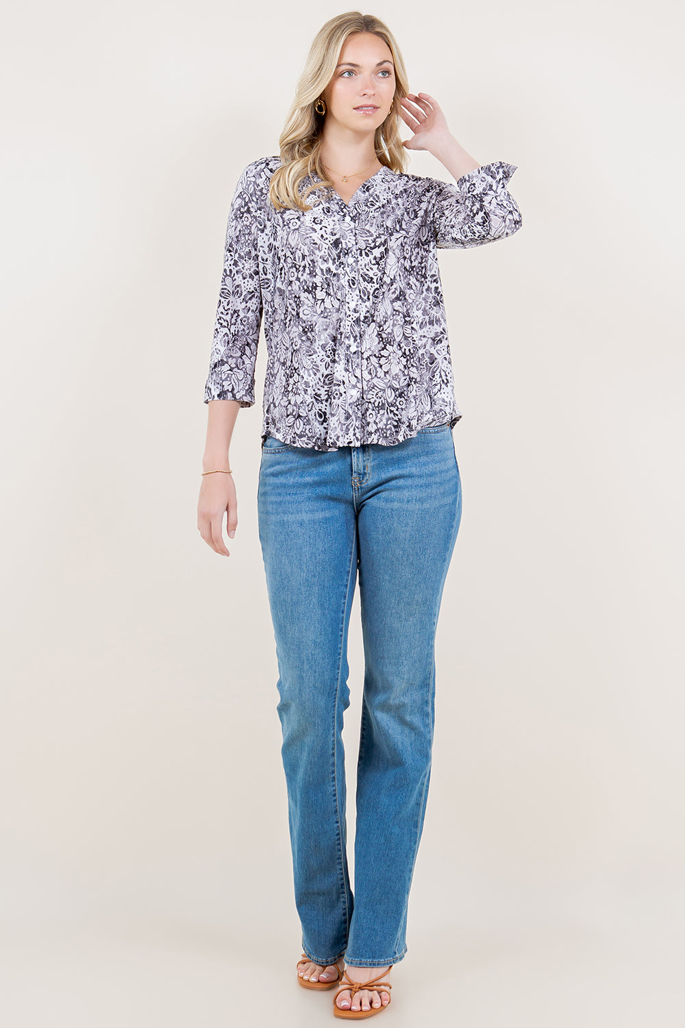 3/4 SLEEVE PINTUCK BUTTON DOWN SHIRT - T-11633-949371-JQITY