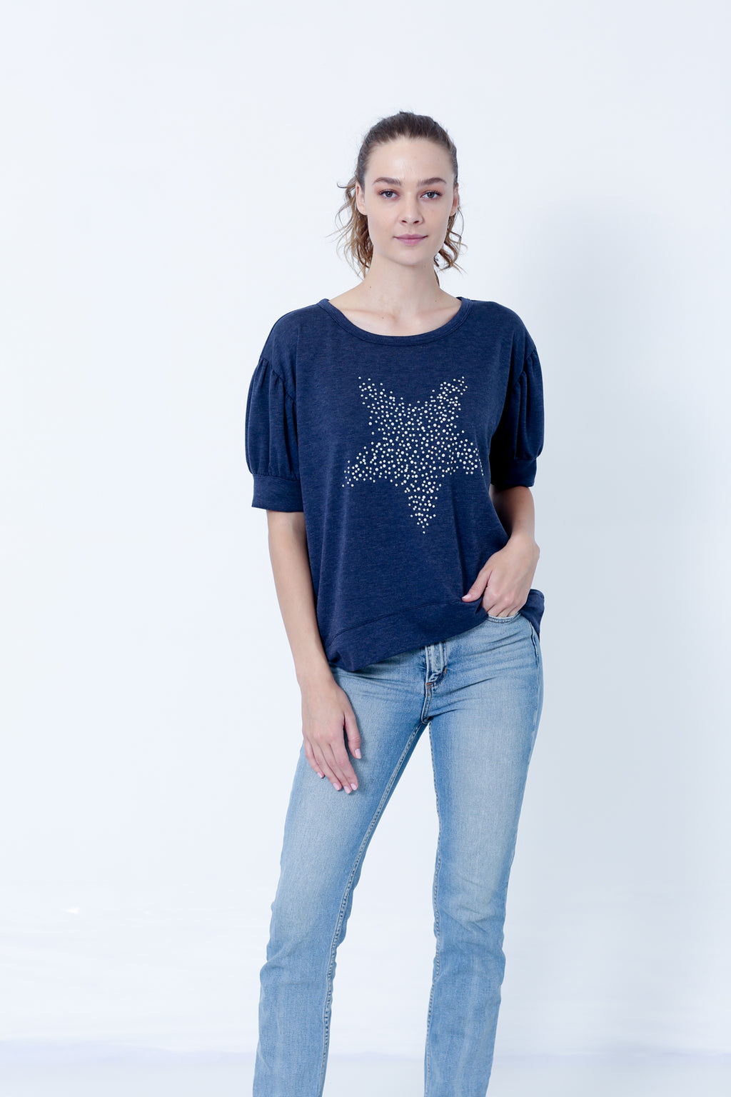 ELBOW PUFF SLEEVE DROP SHOULDER HI LO PULLOVER - T10184-FT-692055