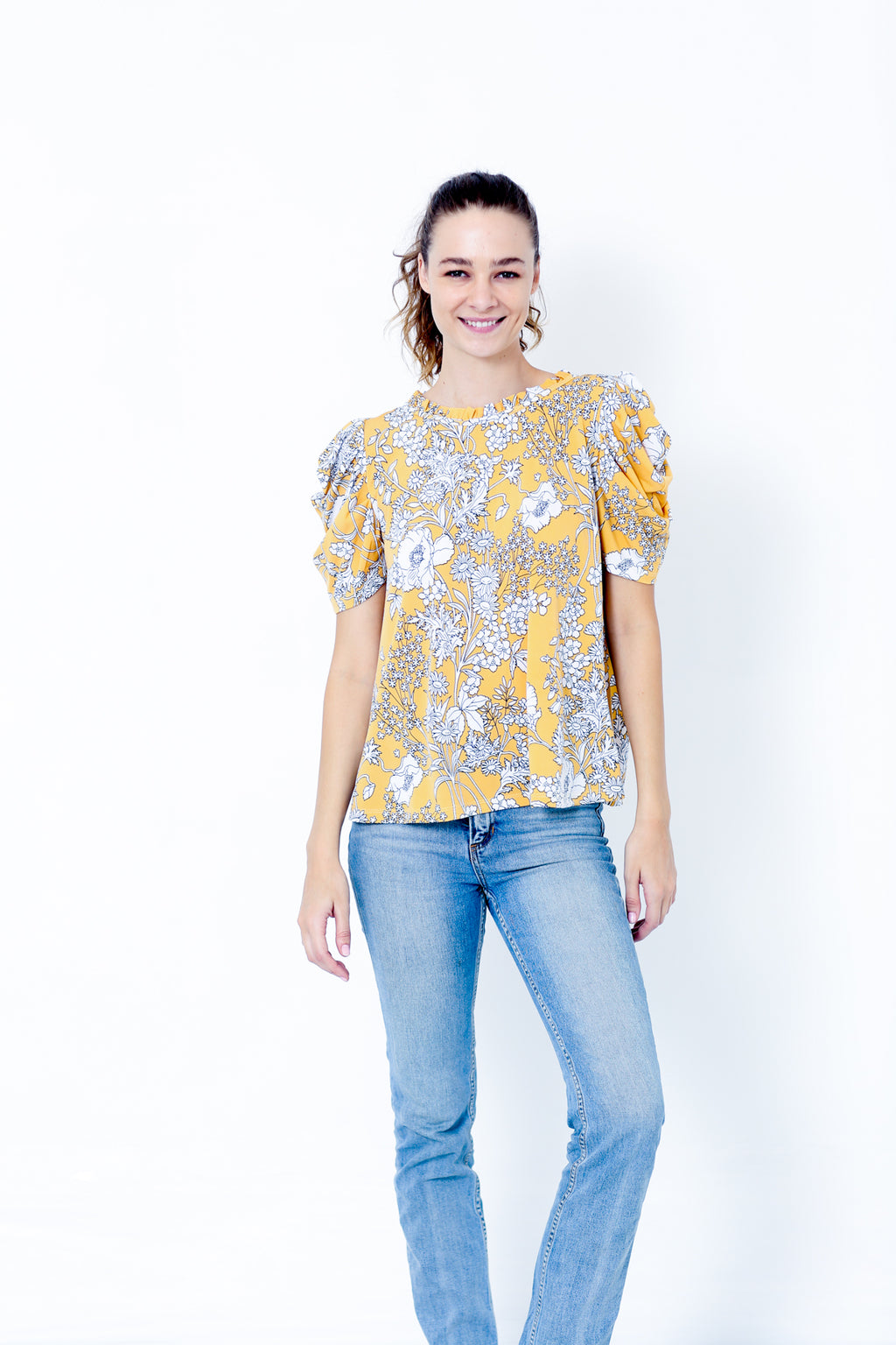SS PUFF RUFFLE NECK BACK SHIRRING TOP - T10196-JJF28380