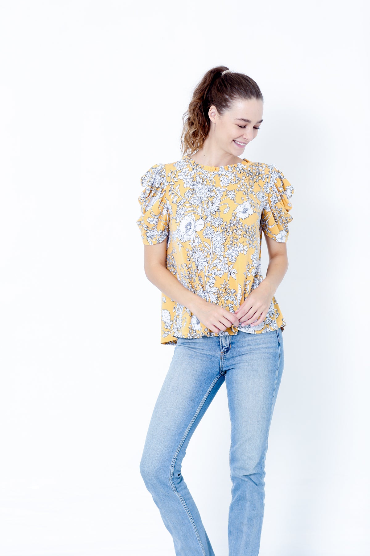 SS PUFF RUFFLE NECK BACK SHIRRING TOP - T10196-JJF28380