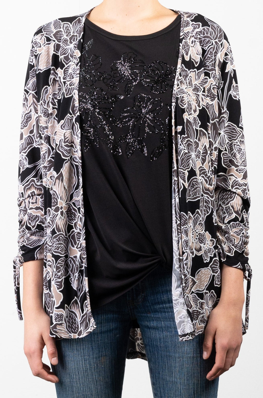 OPEN 3/4 SLEEVE RUCHED SLEEVE HI LOW CARDIGAN - T10561-A0414