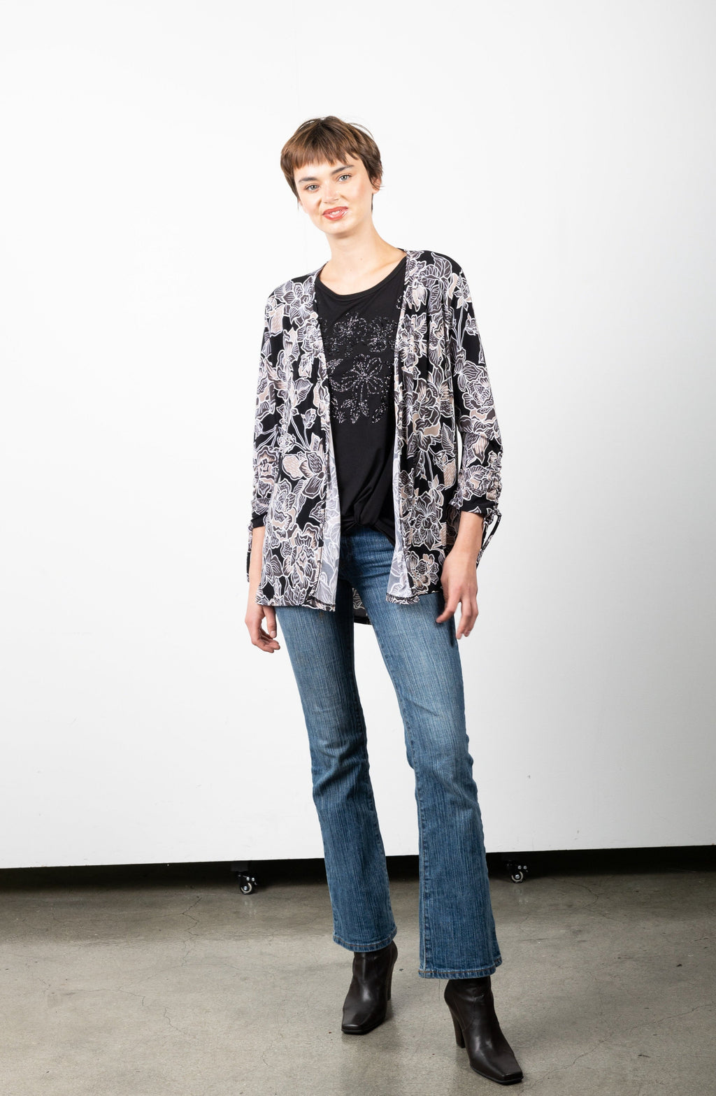 OPEN 3/4 SLEEVE RUCHED SLEEVE HI LOW CARDIGAN - T10561-A0414