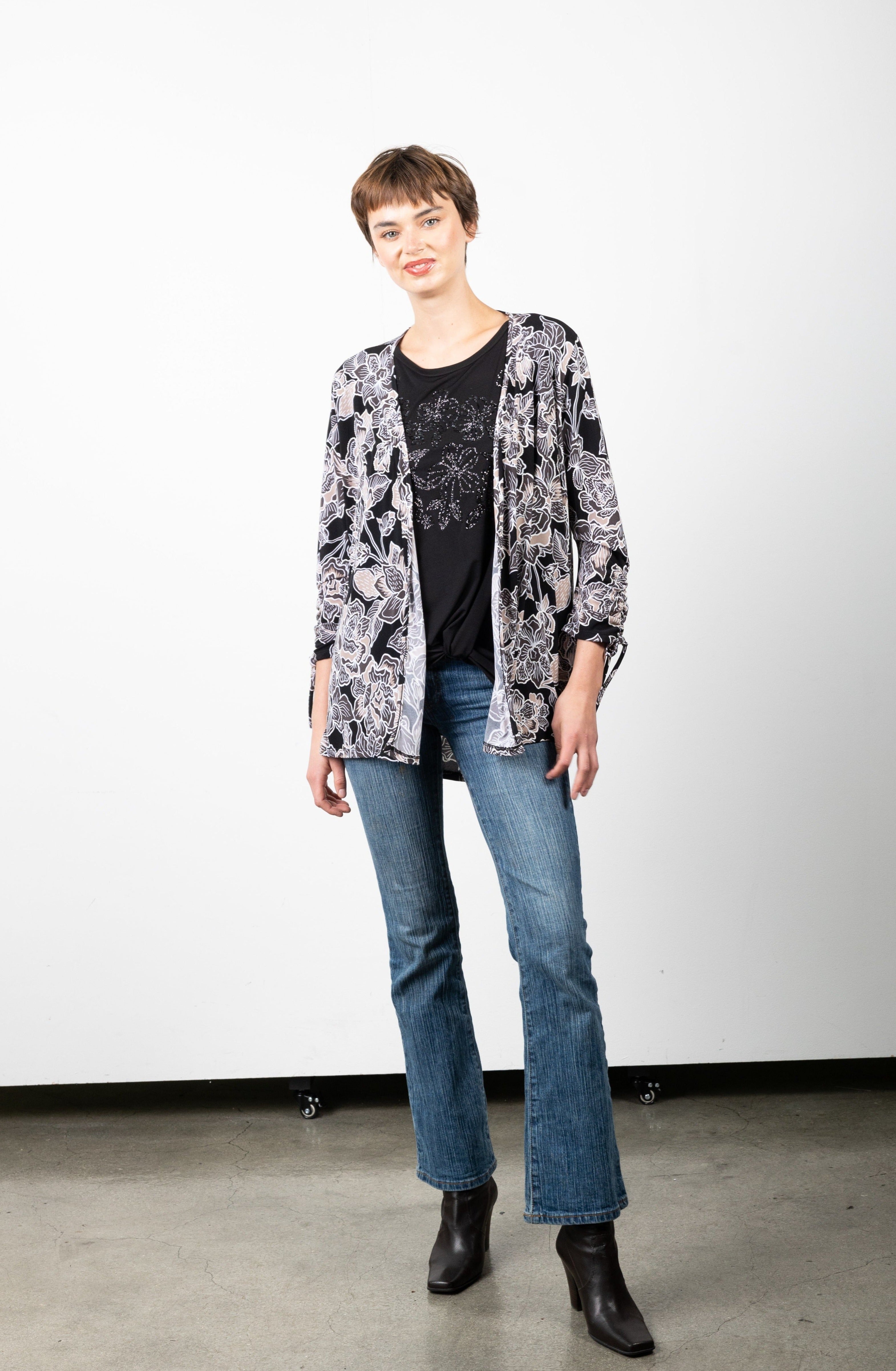 OPEN 3/4 SLEEVE RUCHED SLEEVE HI LOW CARDIGAN - T10561-A0414