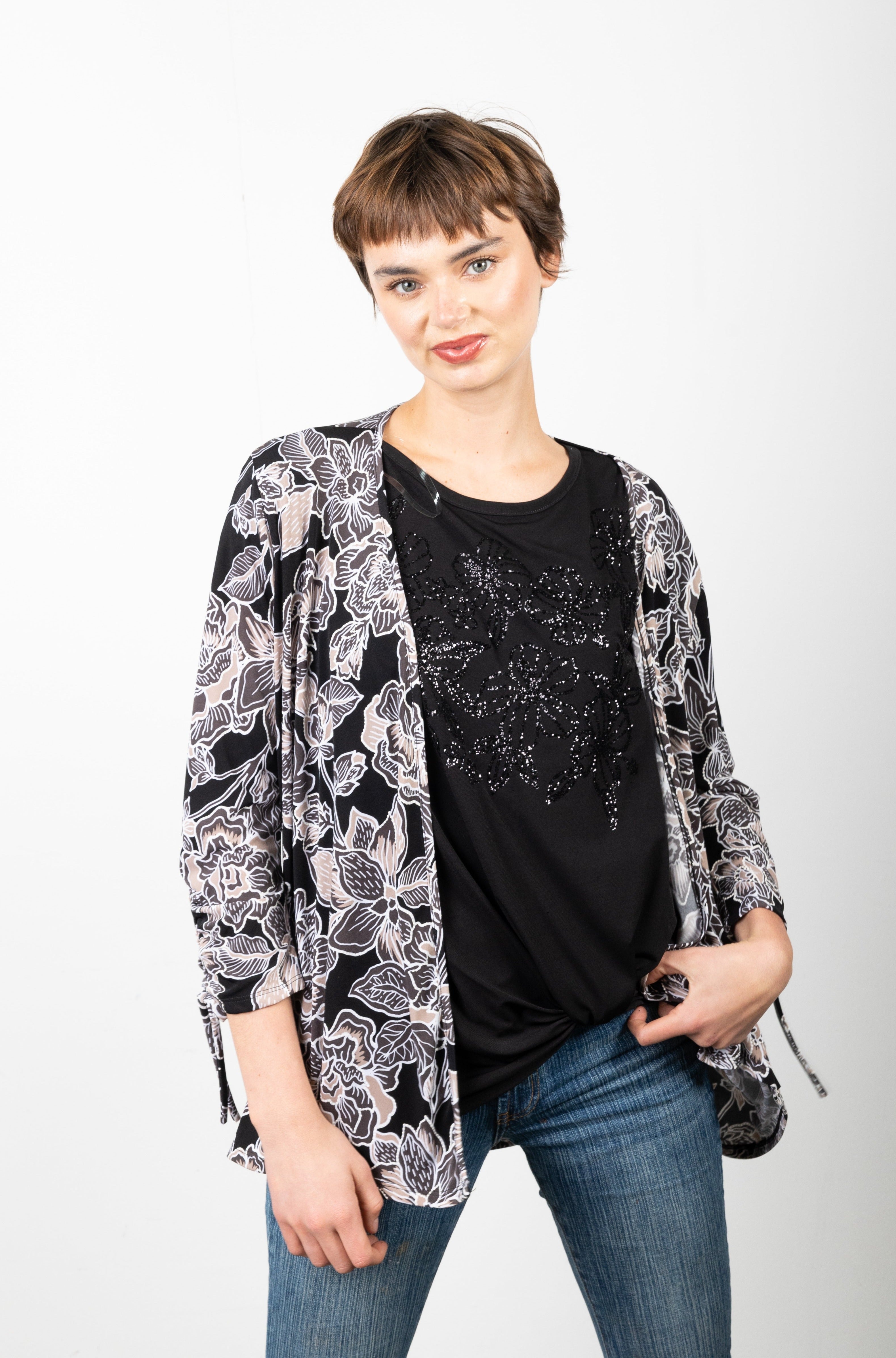 OPEN 3/4 SLEEVE RUCHED SLEEVE HI LOW CARDIGAN - T10561-A0414