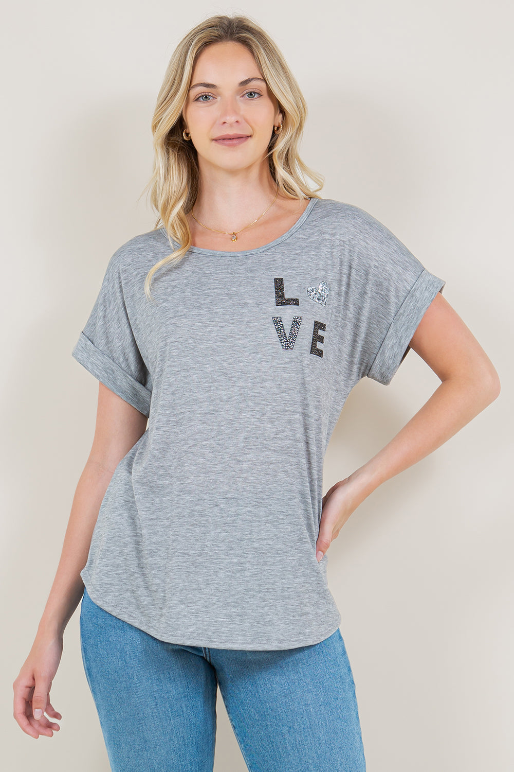 EXTENDED ROLL TAB SLEEVE SCOOP NECK ASYMM TOP - T10945
