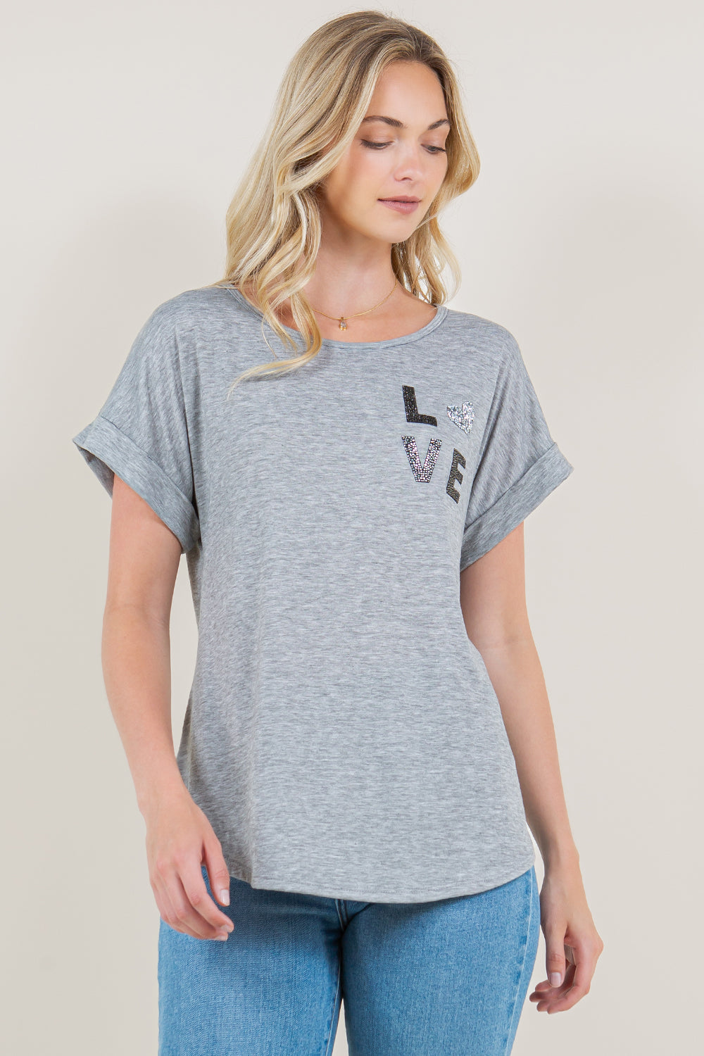 EXTENDED ROLL TAB SLEEVE SCOOP NECK ASYMM TOP - T10945