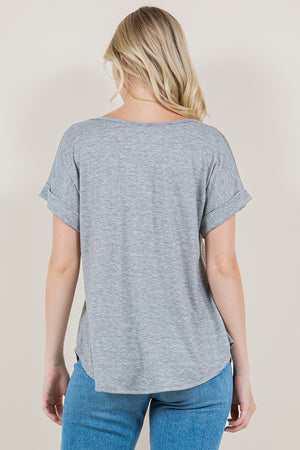 EXTENDED ROLL TAB SLEEVE SCOOP NECK ASYMM TOP - T10945