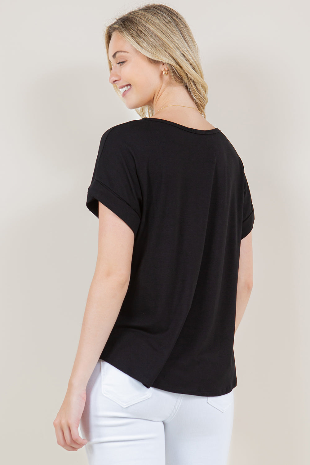 EXTENDED ROLL TAB SLEEVE SCOOP NECK ASYMM TOP - T10945-PT23025