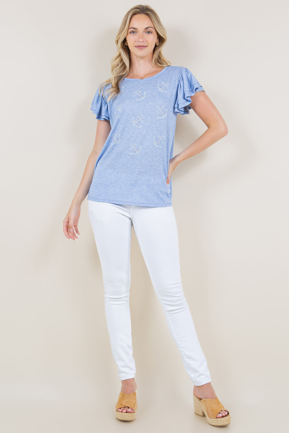 DOUBLE RUFFLED SLEEVE MULTIMEDIA TOP - T10961-J92224