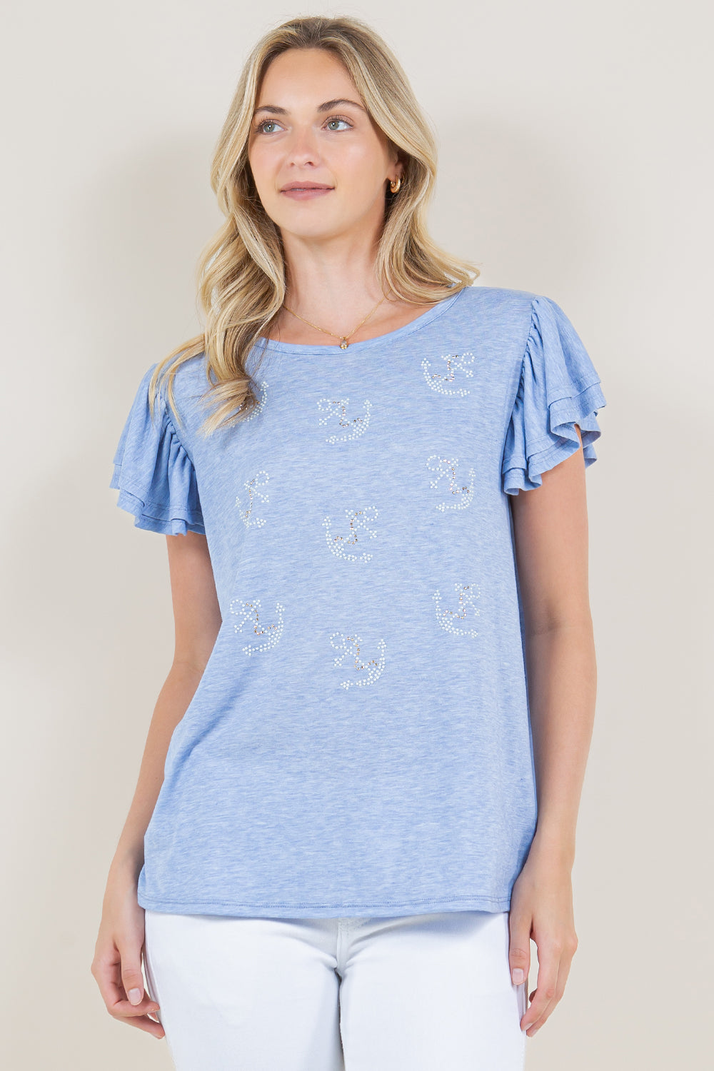 DOUBLE RUFFLED SLEEVE MULTIMEDIA TOP - T10961-J92224