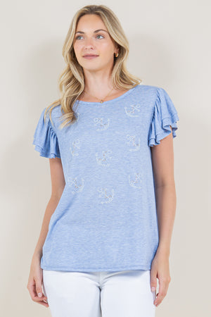 DOUBLE RUFFLED SLEEVE MULTIMEDIA TOP - T10961-J92224