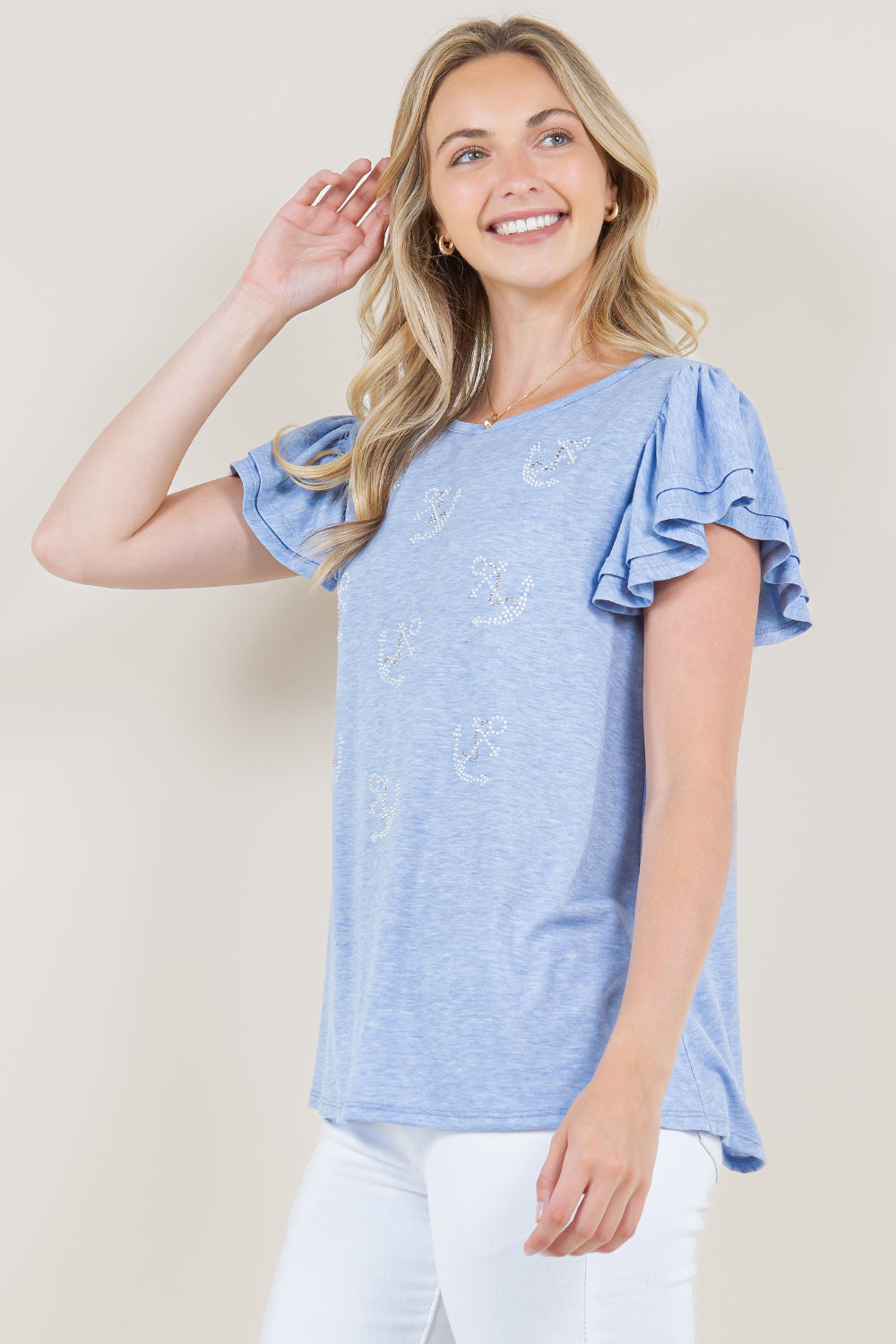 DOUBLE RUFFLED SLEEVE MULTIMEDIA TOP - T10961-J92224