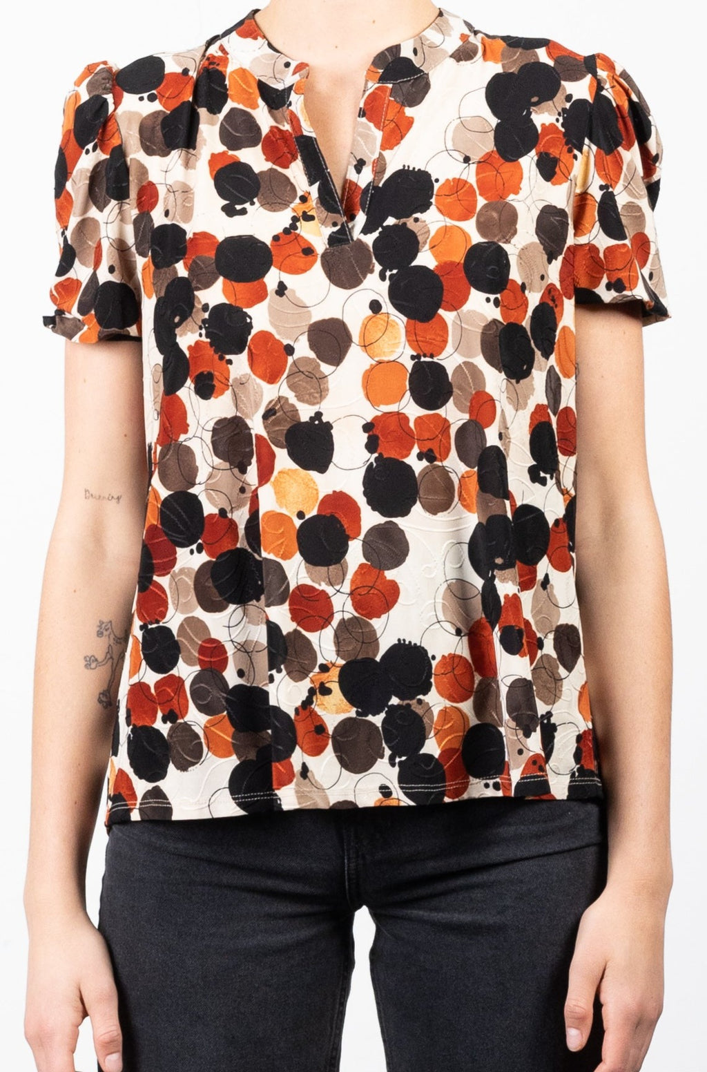 ELBOW SLEEVE BUBBLE SLEEVE HALF PLACKET SHIRT - T11100-A0191