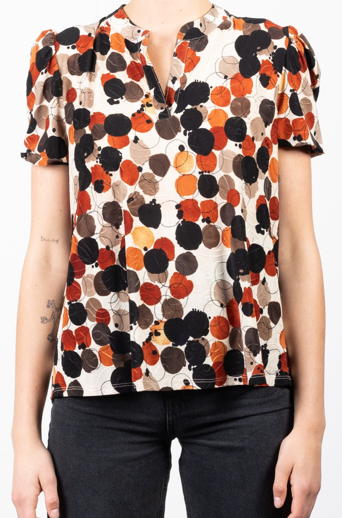 ELBOW SLEEVE BUBBLE SLEEVE HALF PLACKET SHIRT - T11100-A0191