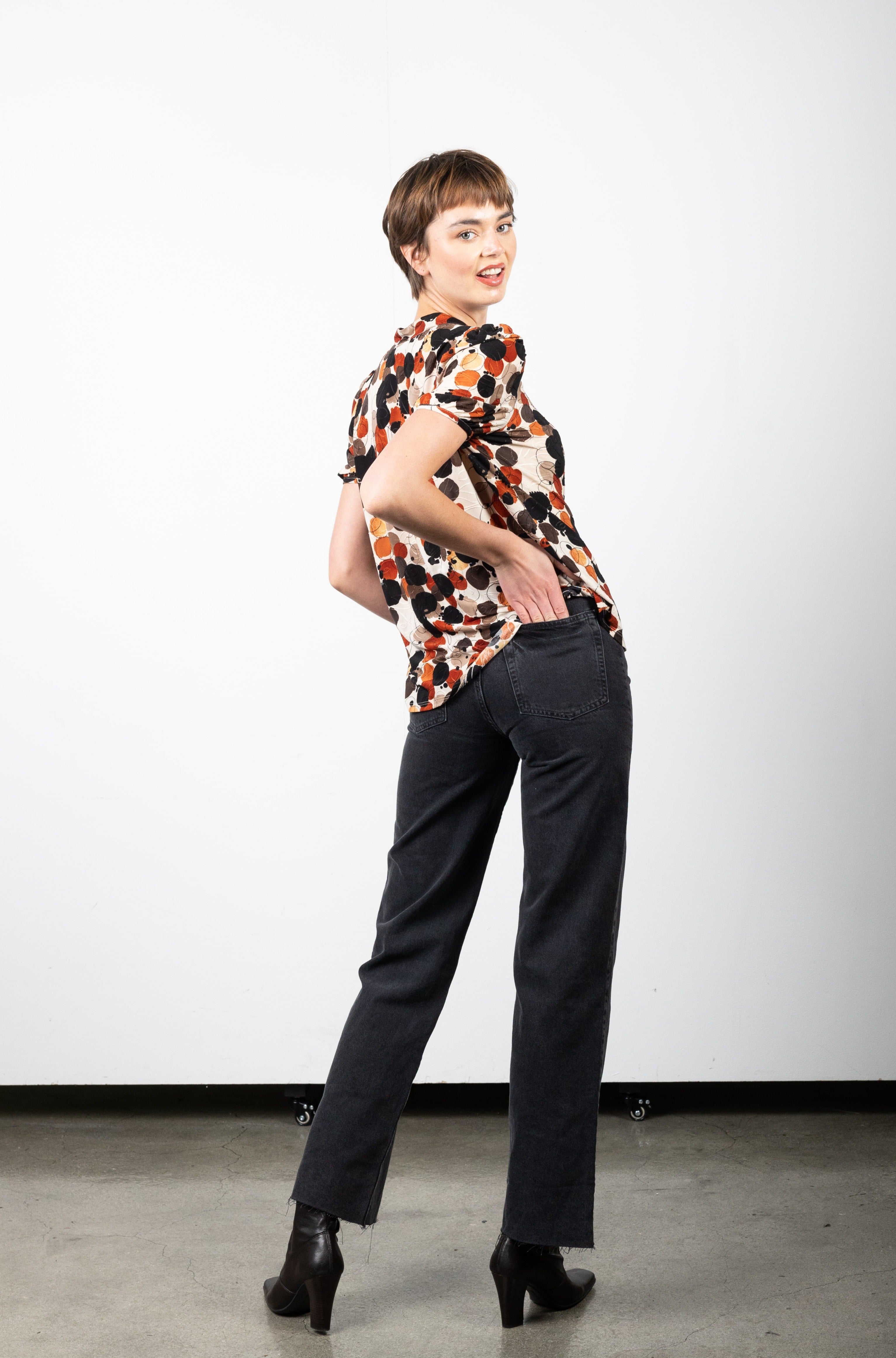 ELBOW SLEEVE BUBBLE SLEEVE HALF PLACKET SHIRT - T11100-A0191
