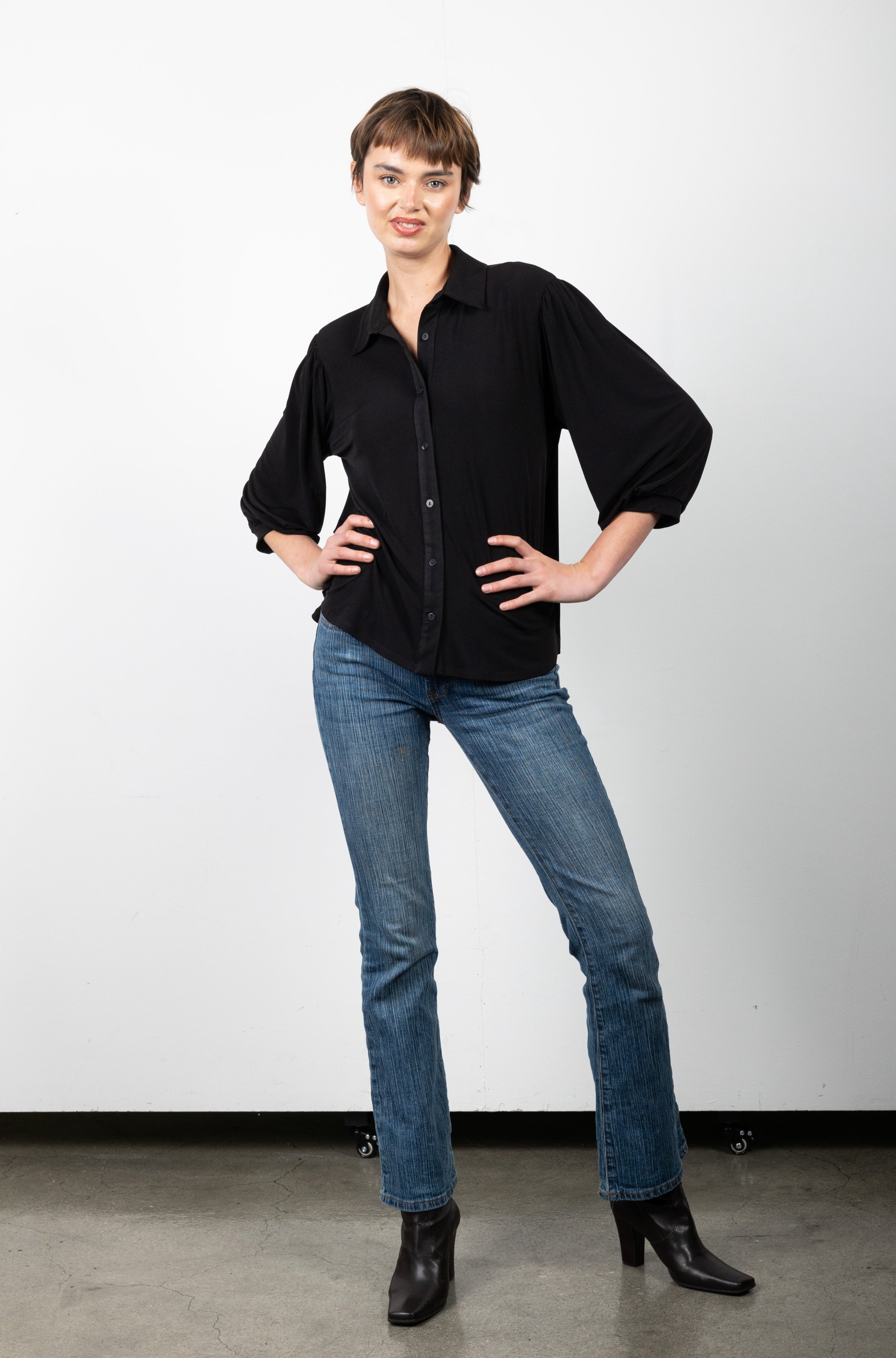 3/4 SLEEVE BUTTON UP SHIRT WITH COLLAR - T11185-ITY BLACK