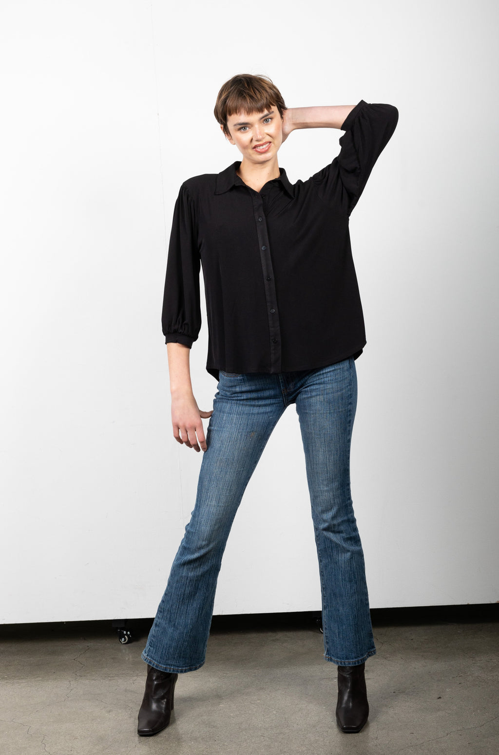 3/4 SLEEVE BUTTON UP SHIRT WITH COLLAR - T11185-ITY BLACK