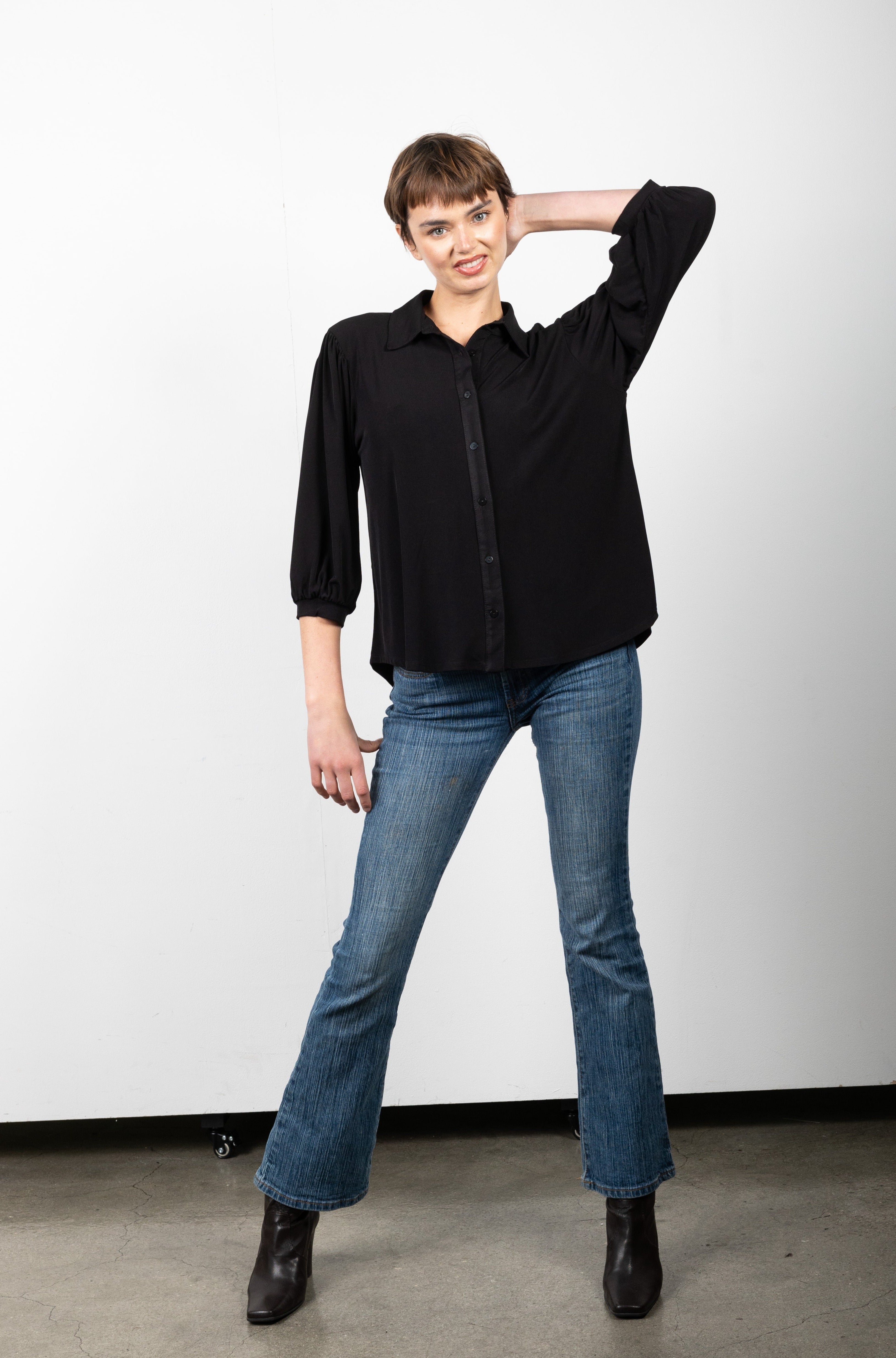 3/4 SLEEVE BUTTON UP SHIRT WITH COLLAR - T11185-ITY BLACK
