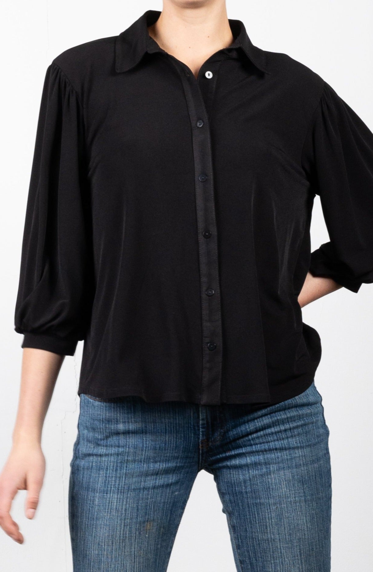 3/4 SLEEVE BUTTON UP SHIRT WITH COLLAR - T11185-ITY BLACK