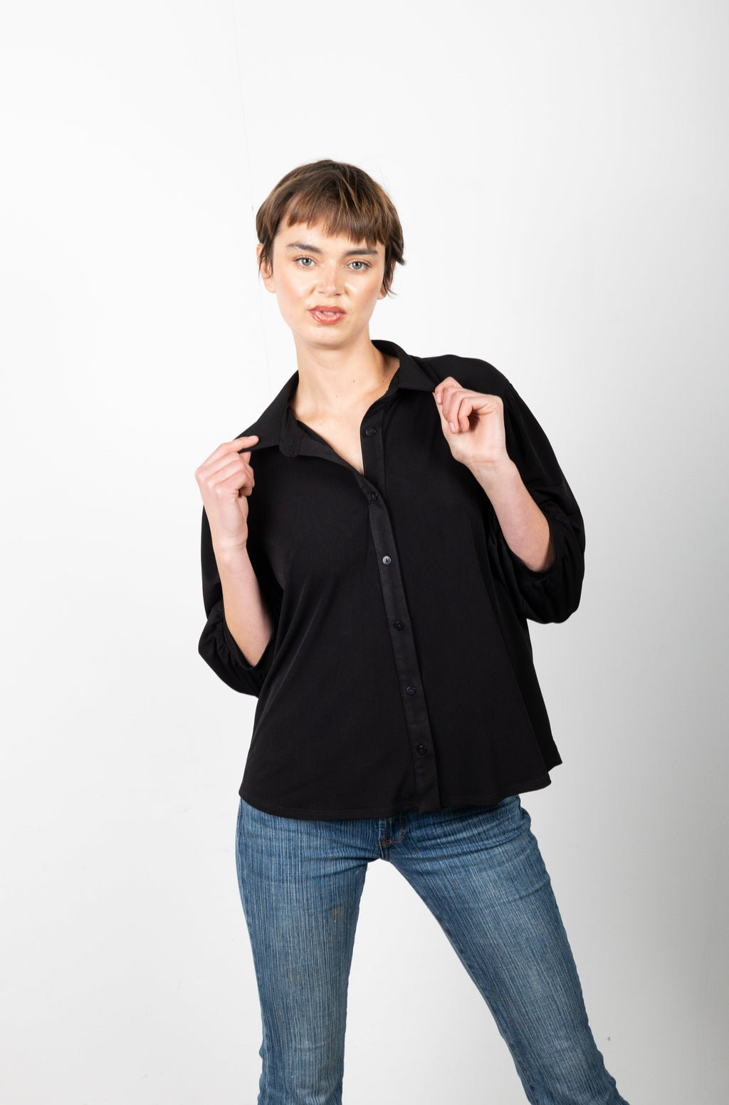 3/4 SLEEVE BUTTON UP SHIRT WITH COLLAR - T11185-ITY BLACK