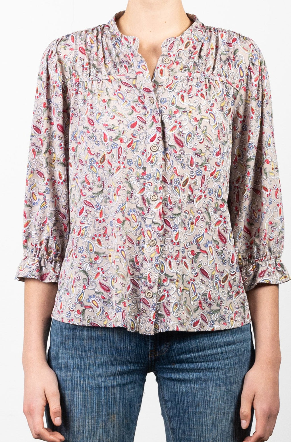 3/4 RUFFLED SLEEVE BLOUSE WITH SWEETHEART YOKE - T11189-A0525
