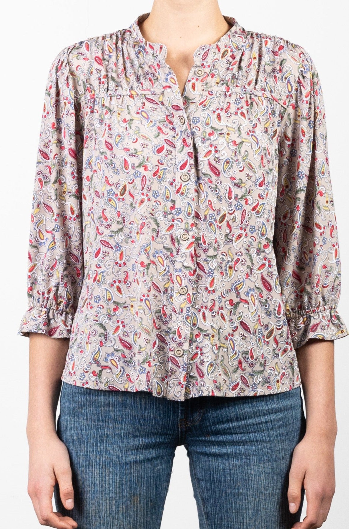 3/4 RUFFLED SLEEVE BLOUSE WITH SWEETHEART YOKE - T11189-A0525