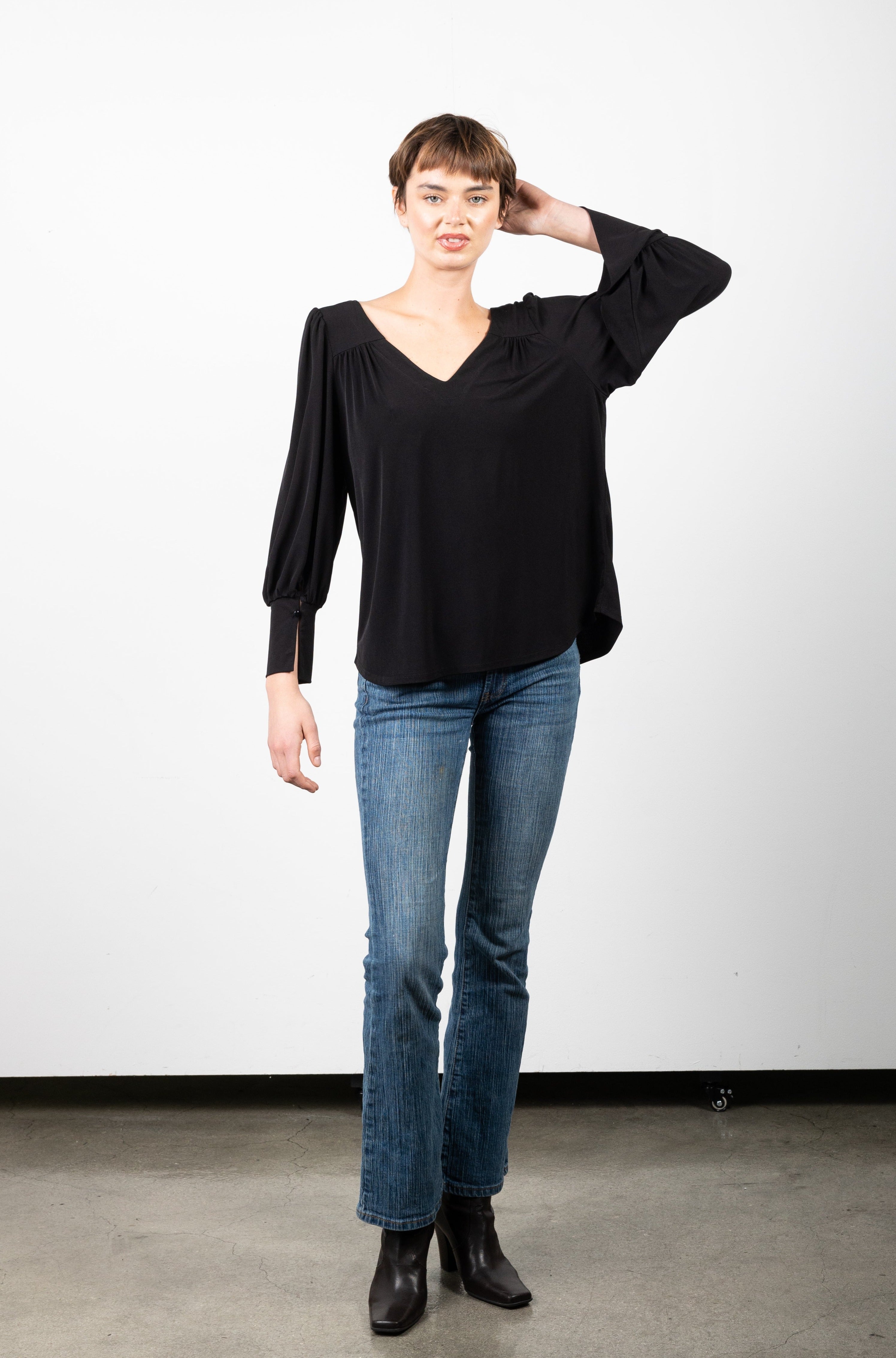 FULL LENGTH SLEEVE DEEP V YOKE BLOUSE WITH SPLIT CUFF - T11190-ITY BLACK