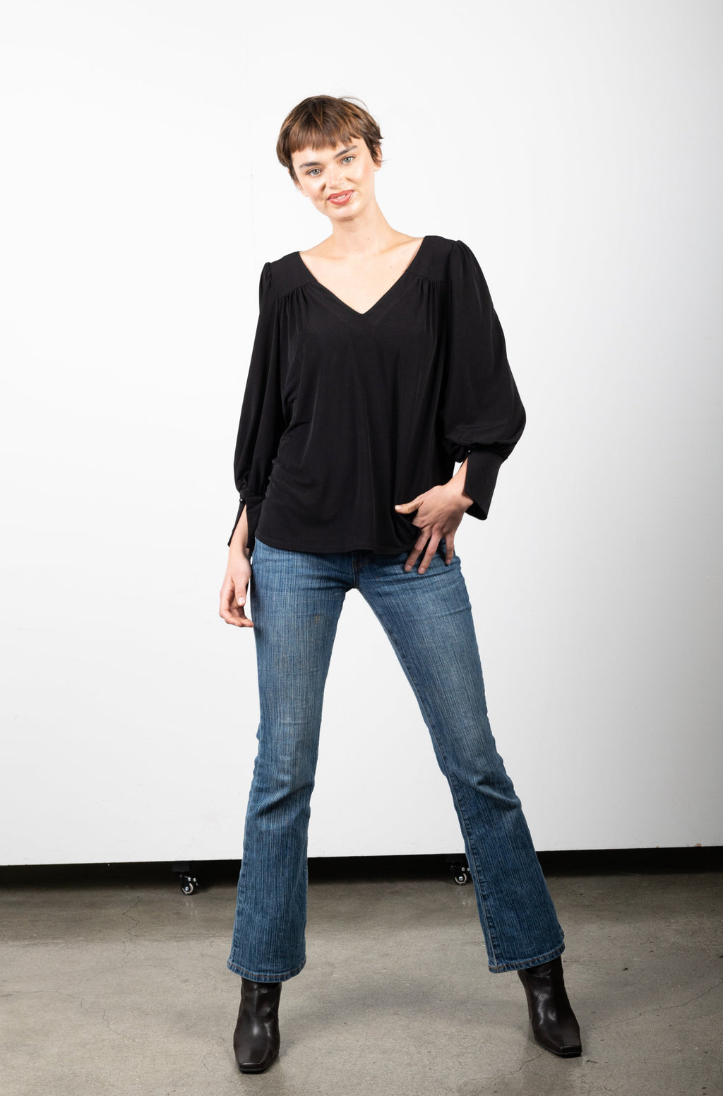 FULL LENGTH SLEEVE DEEP V YOKE BLOUSE WITH SPLIT CUFF - T11190-ITY BLACK