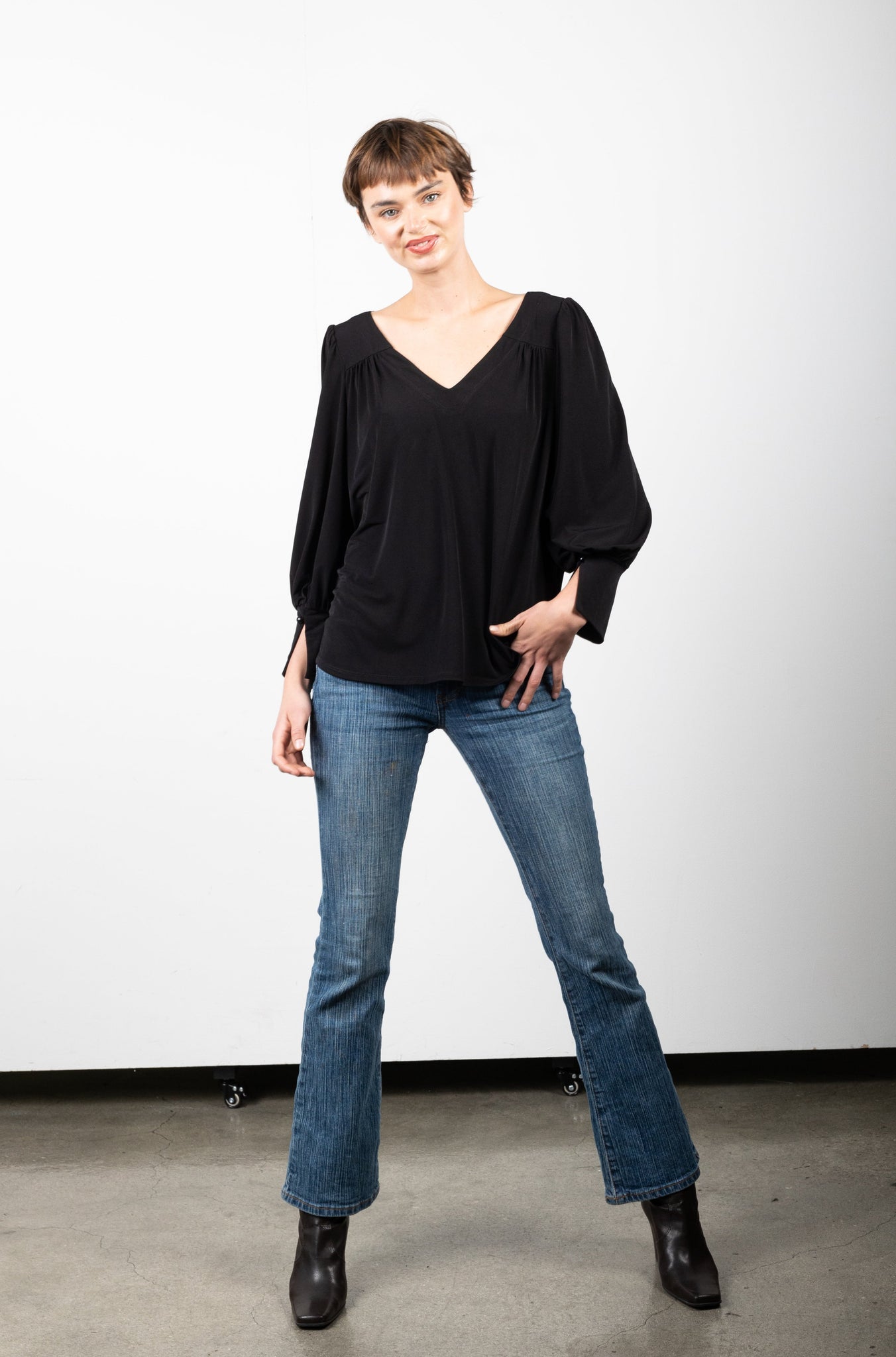 FULL LENGTH SLEEVE DEEP V YOKE BLOUSE WITH SPLIT CUFF - T11190-ITY BLACK