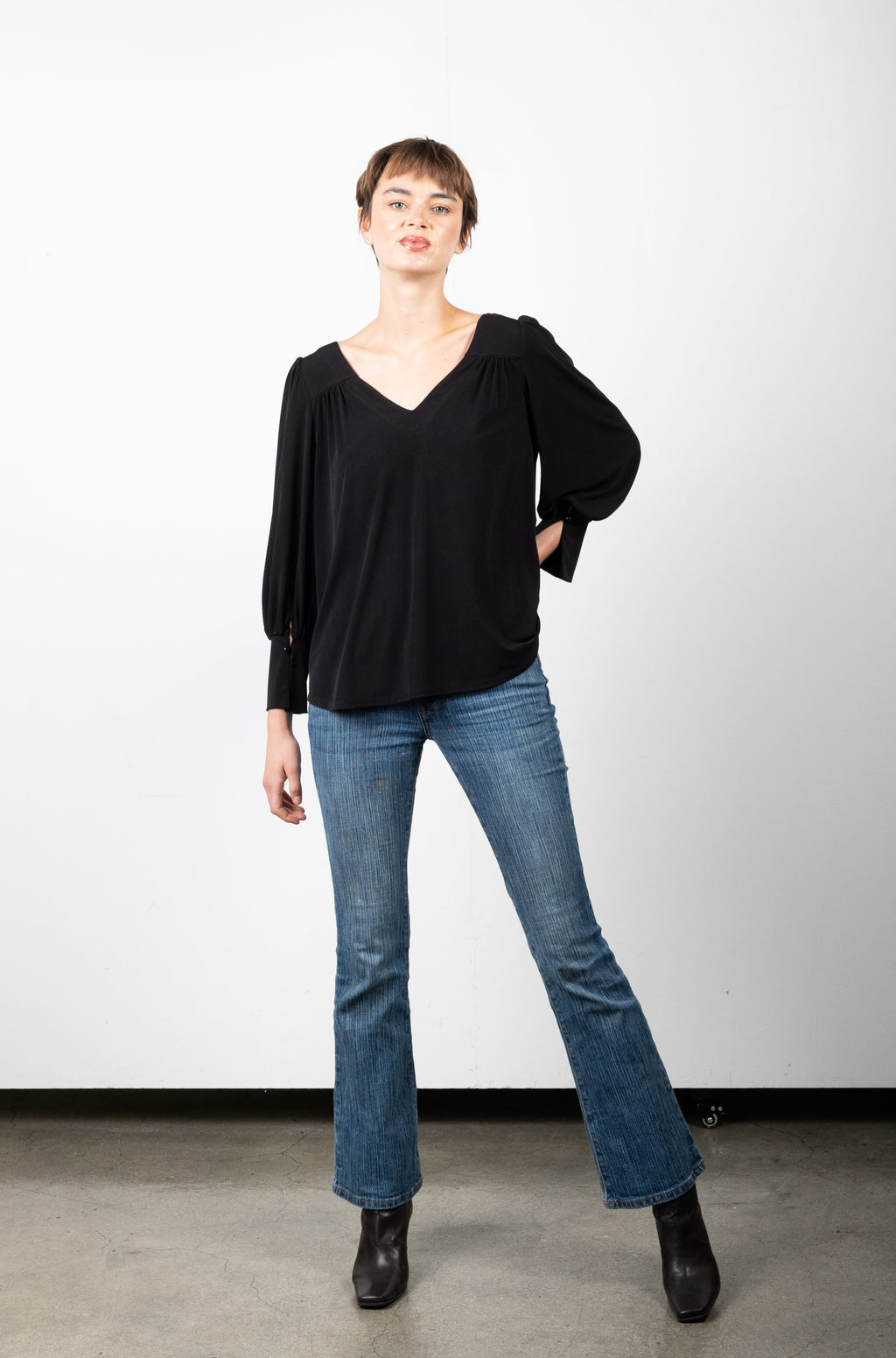 FULL LENGTH SLEEVE DEEP V YOKE BLOUSE WITH SPLIT CUFF - T11190-ITY BLACK