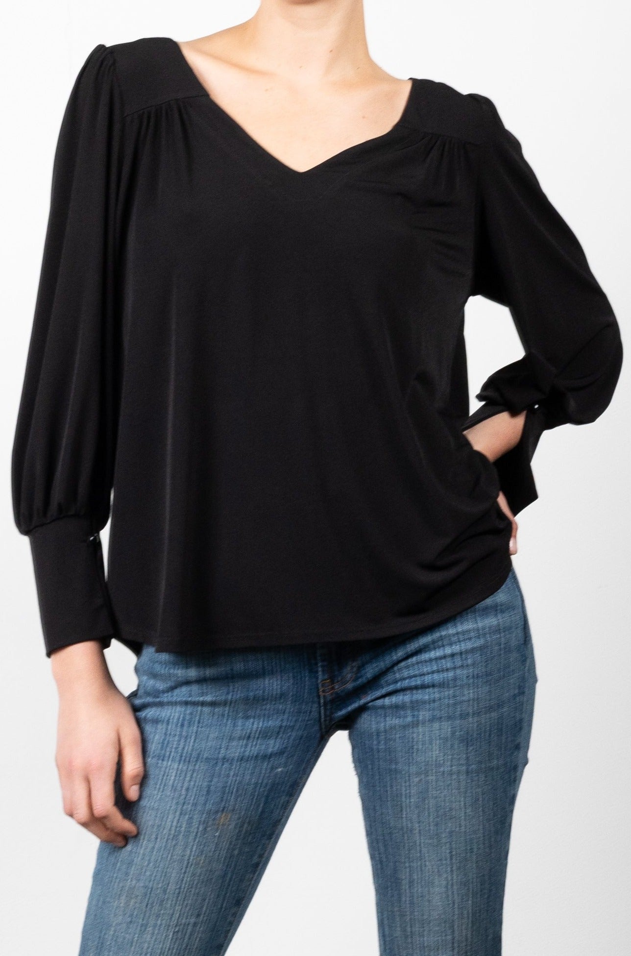 FULL LENGTH SLEEVE DEEP V YOKE BLOUSE WITH SPLIT CUFF - T11190-ITY BLACK