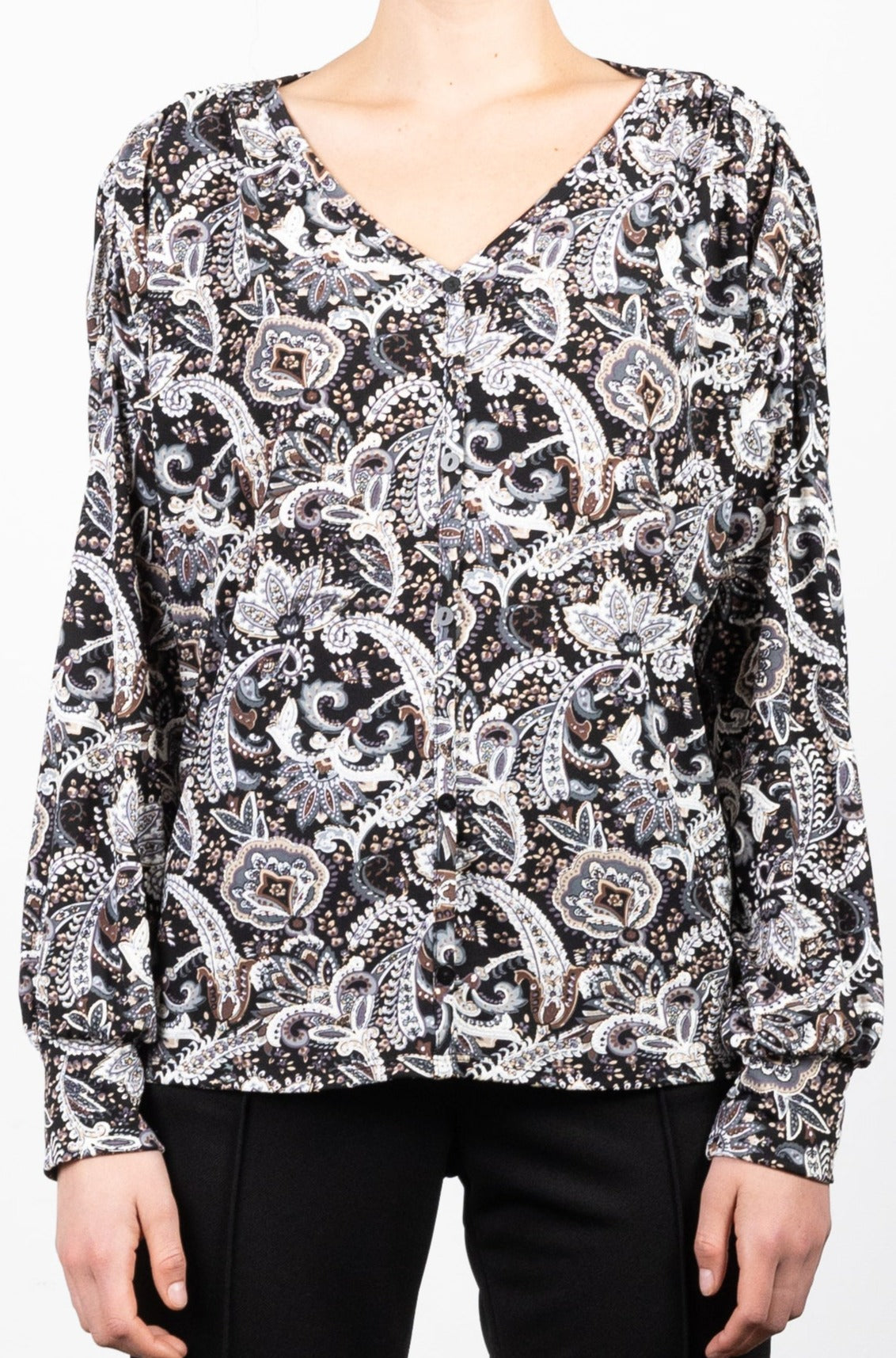 V NECK DROP SHOULDER BUTTON UP BLOUSE - T11191-PN-2752