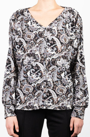 V NECK DROP SHOULDER BUTTON UP BLOUSE - T11191-PN-2752